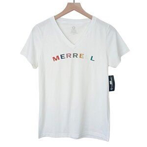 MERRELL Womens Arch Logo V Neck T-Shirt White Multi Cotton Blend Size Small